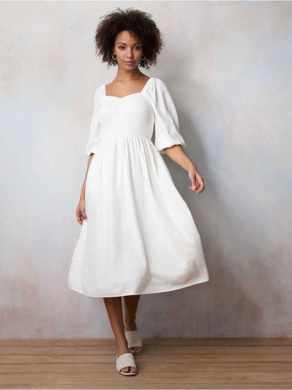 LC Lauren Conrad Cream Smocked Linen Midi Dress NWT XL - Picture 5 of 8
